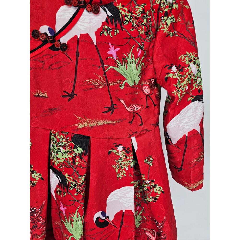Vintage Girls Sz L red Crane Print Qi Pao Cheongsam Dress Long Sleeve - Picture 2 of 5